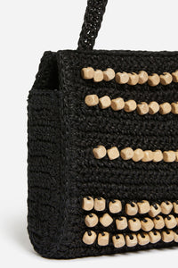 Raffia clutch bag with wooden beads - Black