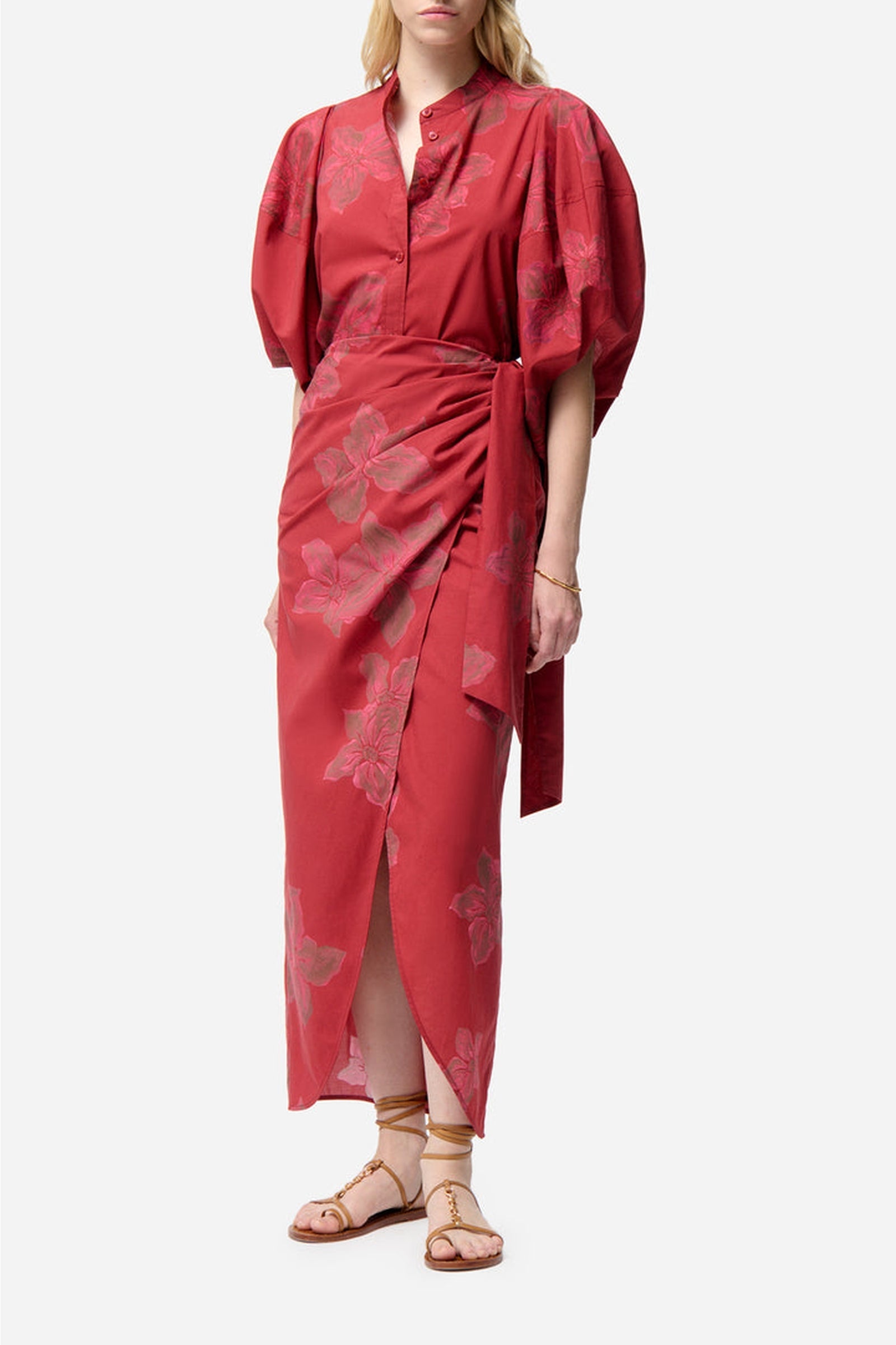 Jupe midi portefeuille Ewa - Cerise