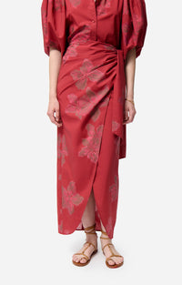 Jupe midi portefeuille Ewa - Cerise