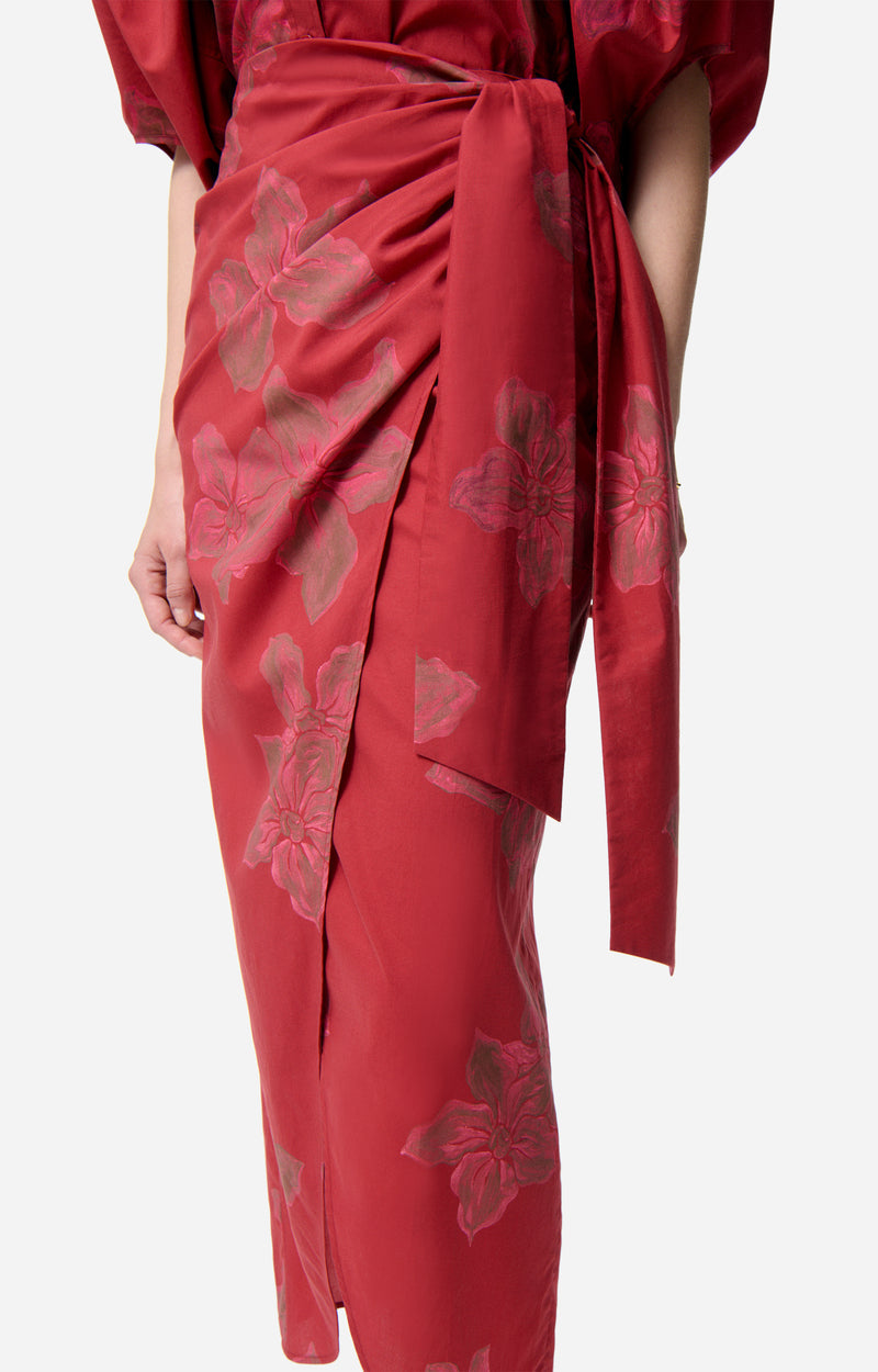 Jupe midi portefeuille Ewa - Cerise