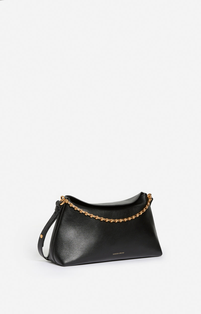 Grande pochette Daily Chain en cuir lisse - Noir