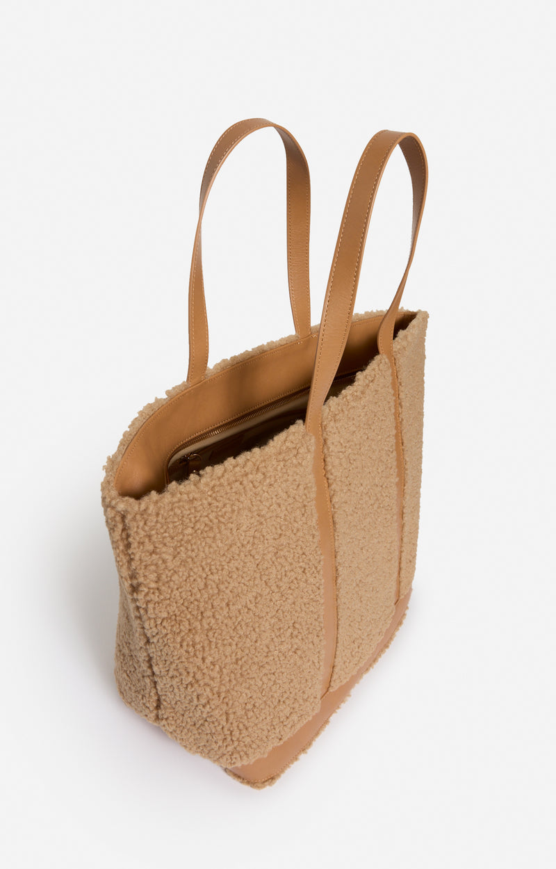 Cabas L zippé en shearling - Caramel