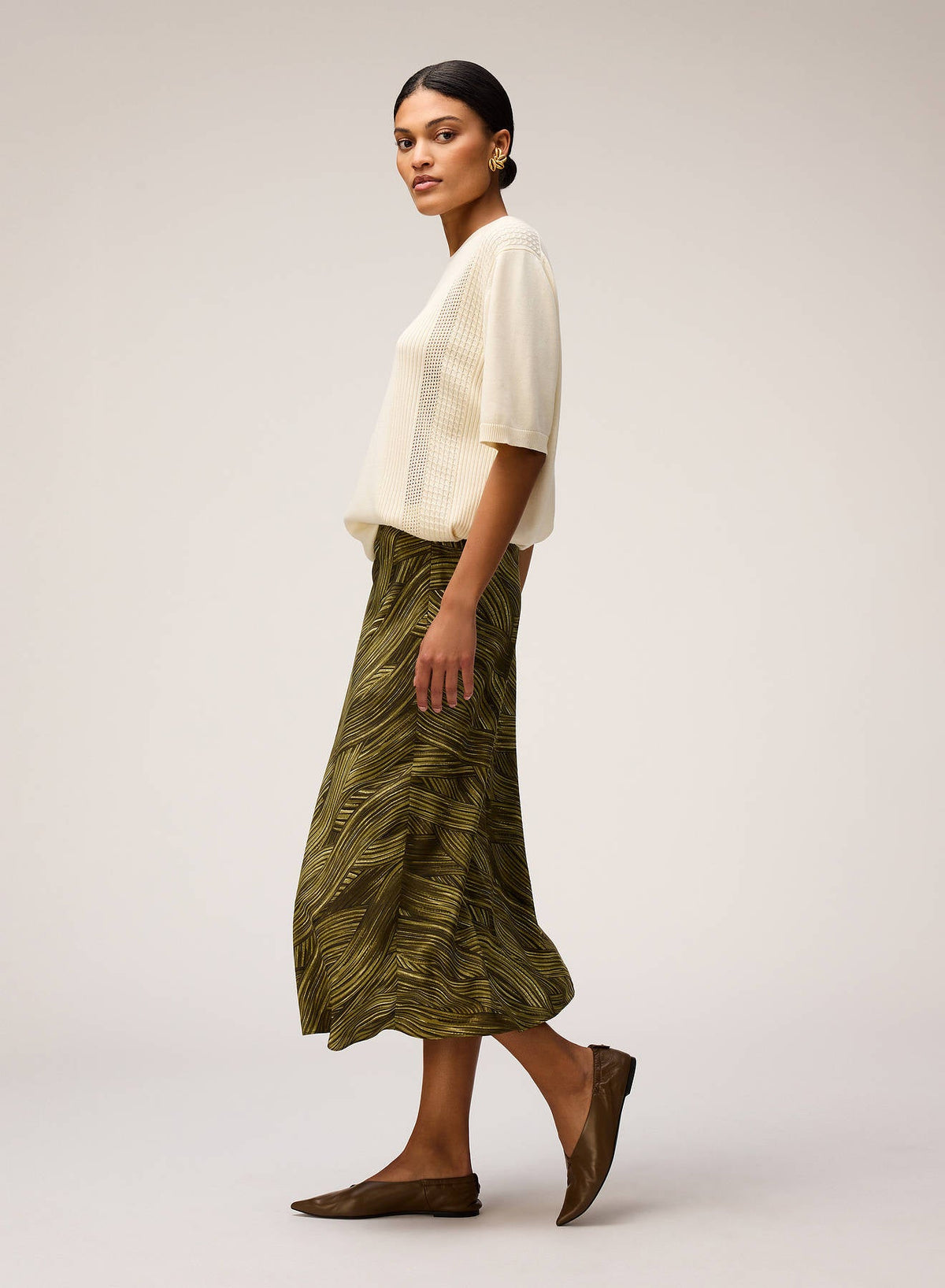 OLIVE GREEN PRINTED SILK MIDI SKIRT