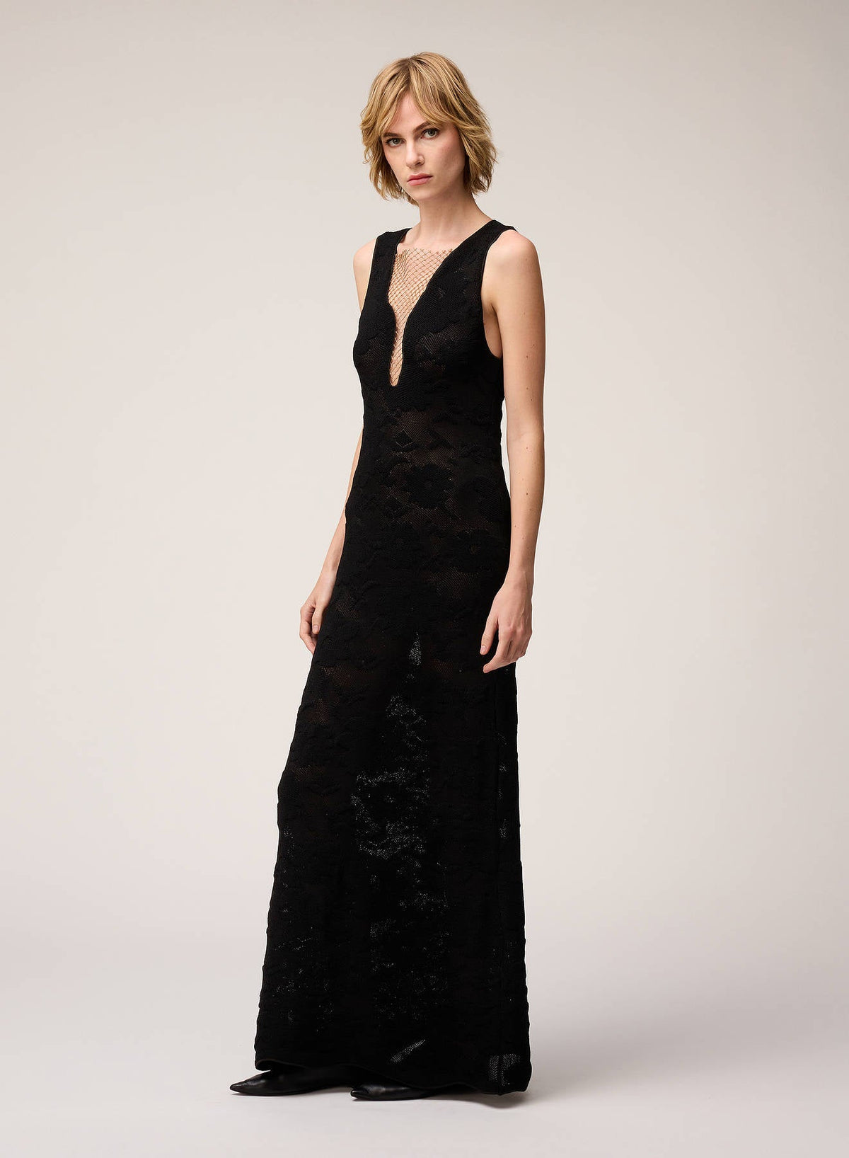 BLACK JACQUARD KNIT DRESS WITH NET DETAIL