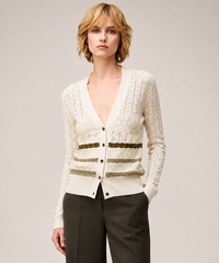 BUTTER, TOBACCO, GREEN MIX STITCH KNIT CARDIGAN