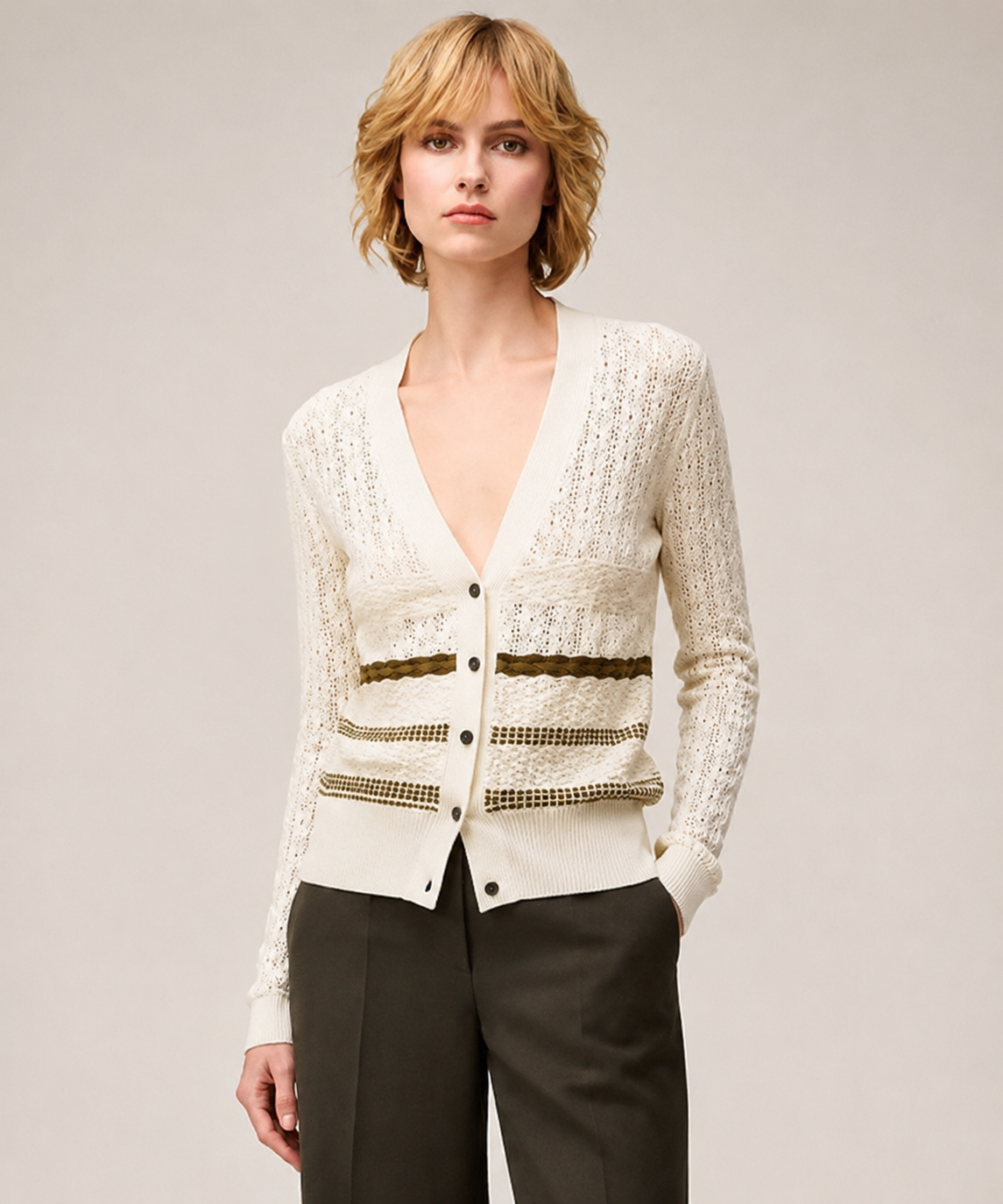 BUTTER, TOBACCO, GREEN MIX STITCH KNIT CARDIGAN