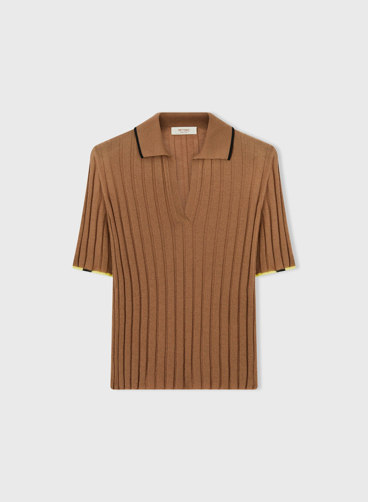 CAMEL + BLACK AND YELLOW CASHMERE RIBBED SHORT SLEEVES POLO