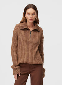 CLAY RIBBED ZIP UP MOCK NECK