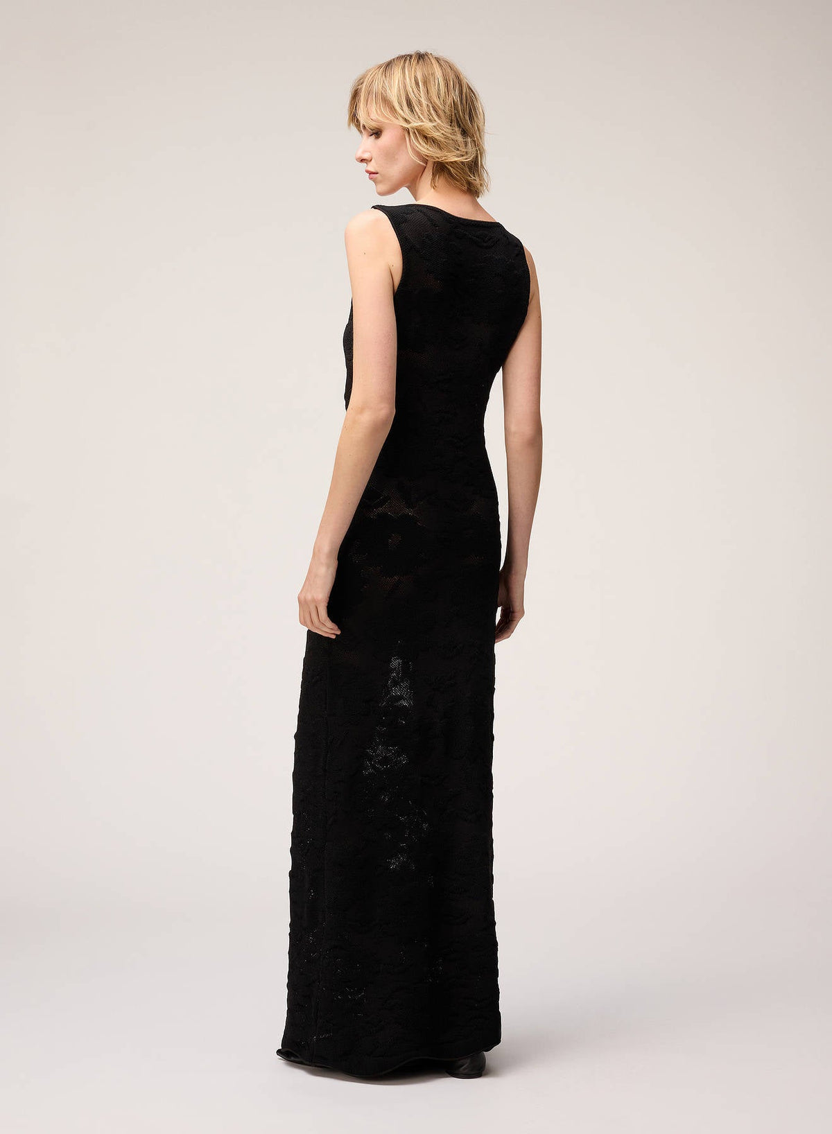 BLACK JACQUARD KNIT DRESS WITH NET DETAIL