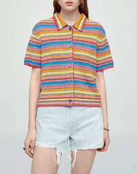 Short-sleeved linen polo cardigan - Multicolorstripe