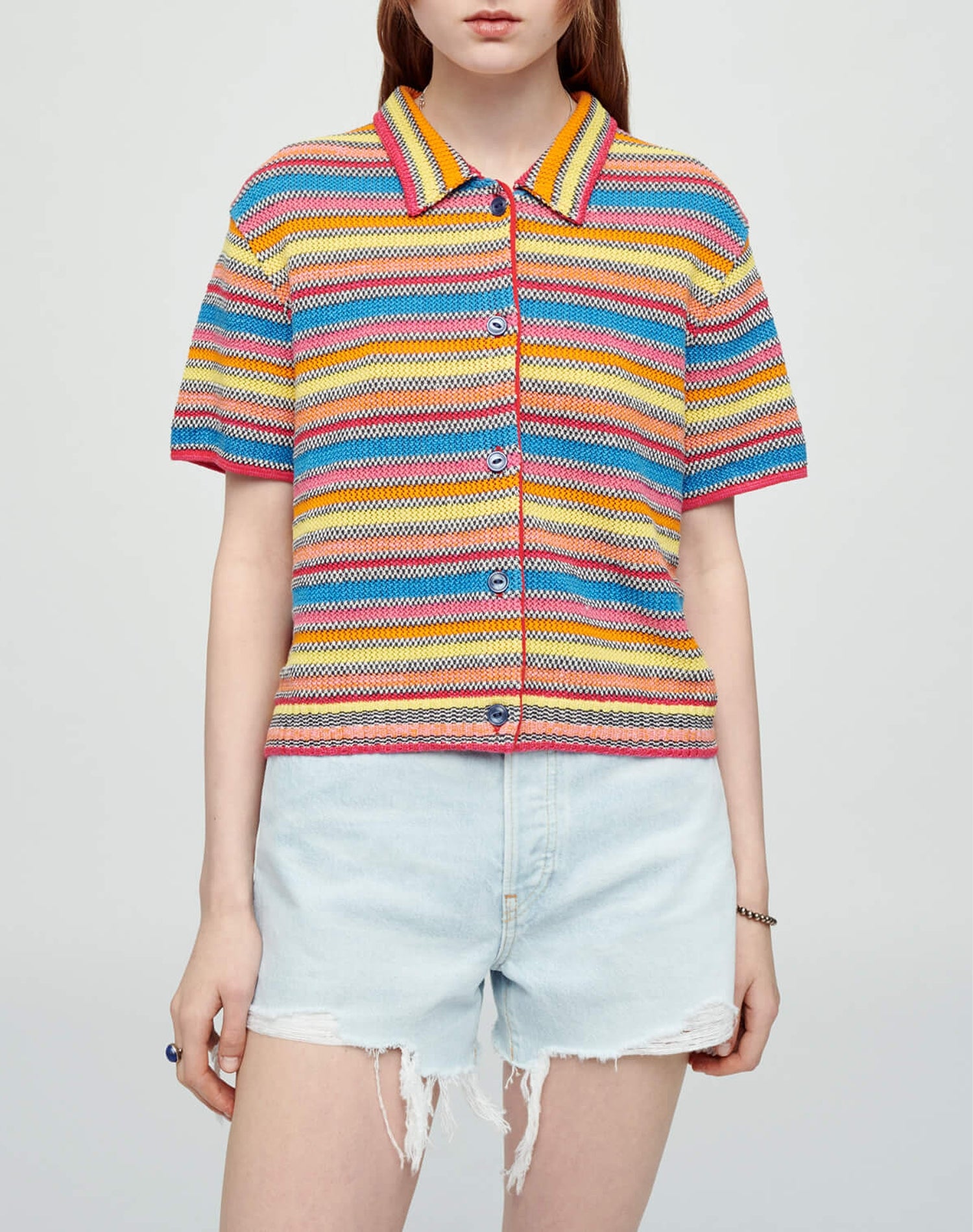 Short-sleeved linen polo cardigan - Multicolorstripe