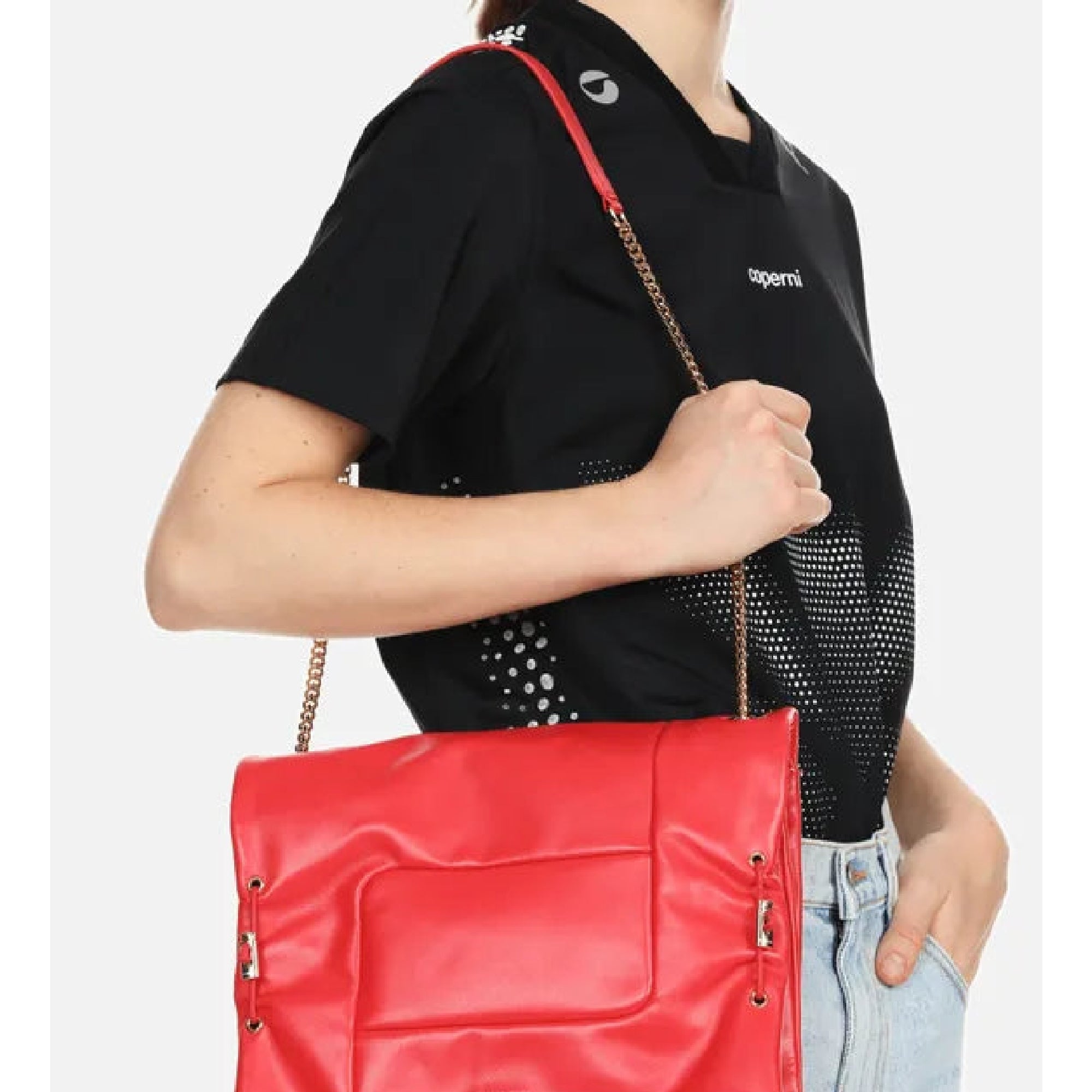 Grand sac à rabat Billie en cuir matelassé - Tomate