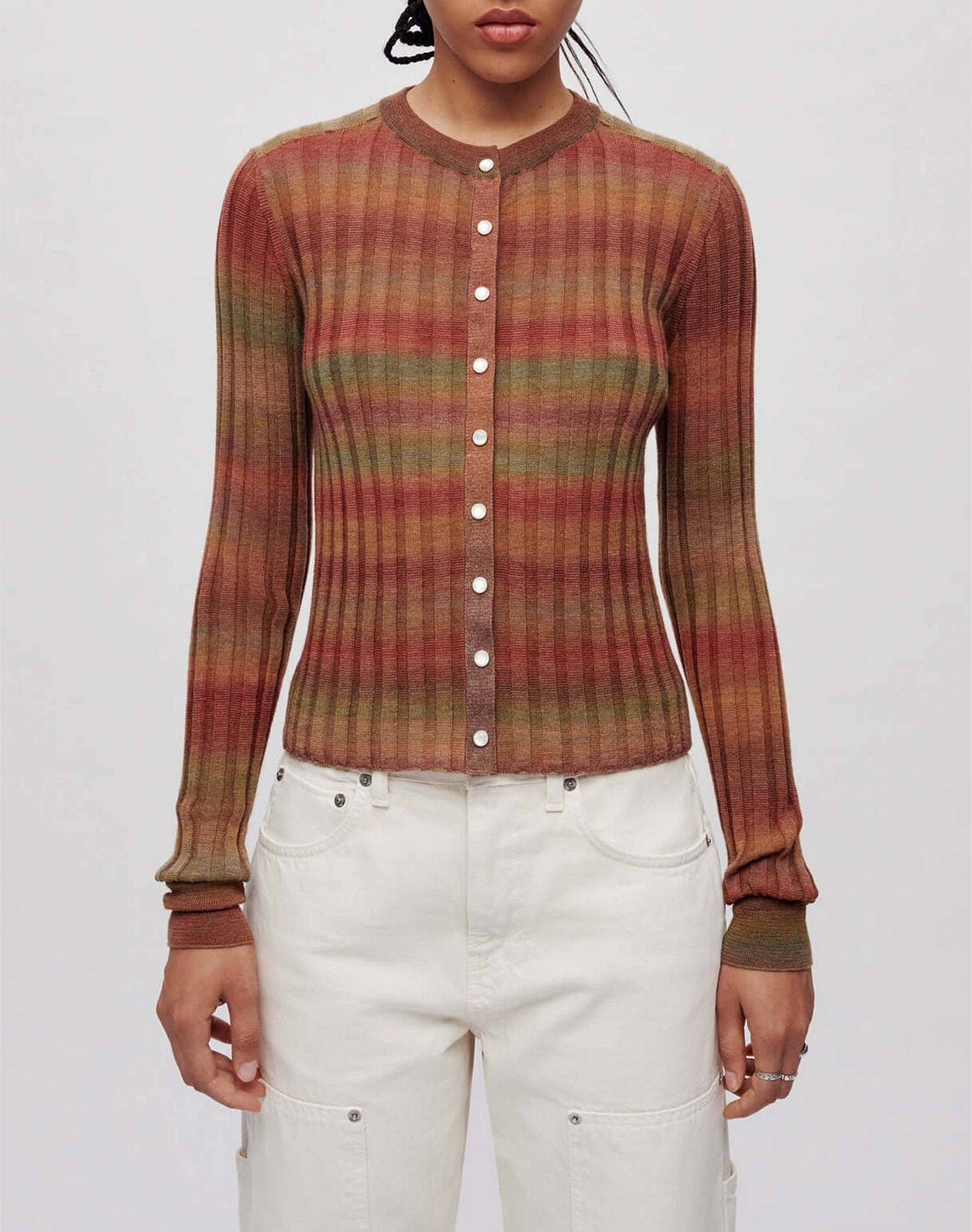 Poor Boy ribbed cardigan in wool - Bayleaf Combo