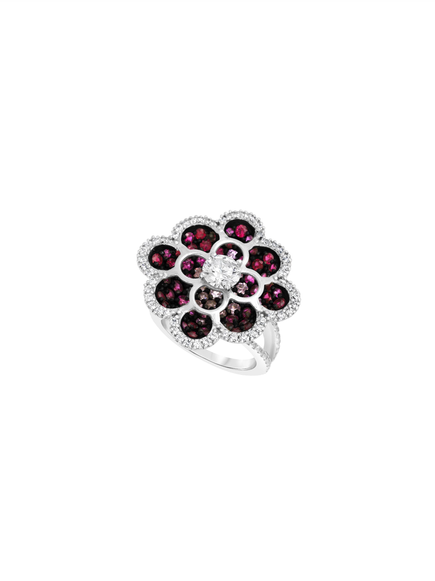 1qty NEW / Argent Bague fleur sur argent serti de Burmalite™ blanche taille brillant et pavage rose et blanc // RECO : 390€