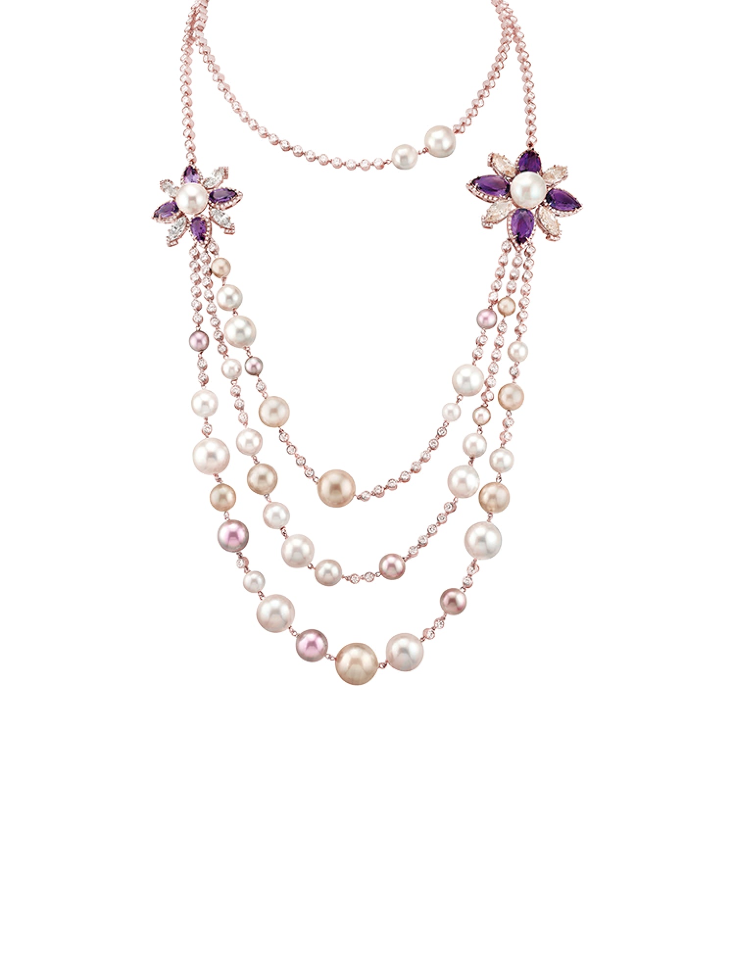 1qty NEW / Vermeil Collier sautoir 3 rangs vermeil rose perle blanche et perle rubis // RECO : 1350€