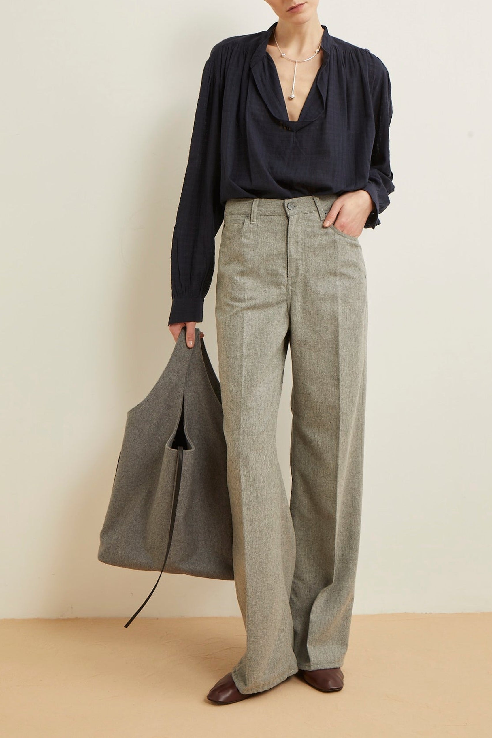 Jean Enca Gris coupe évasée et taille haute en laine - Grey