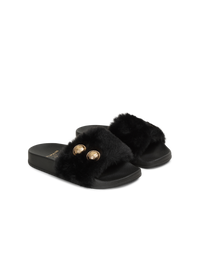 Sandales plates en fausse fourrure - Noir