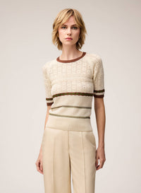 BUTTER, TOBACCO, GREEN MIX STITCH KNIT T-SHIRT