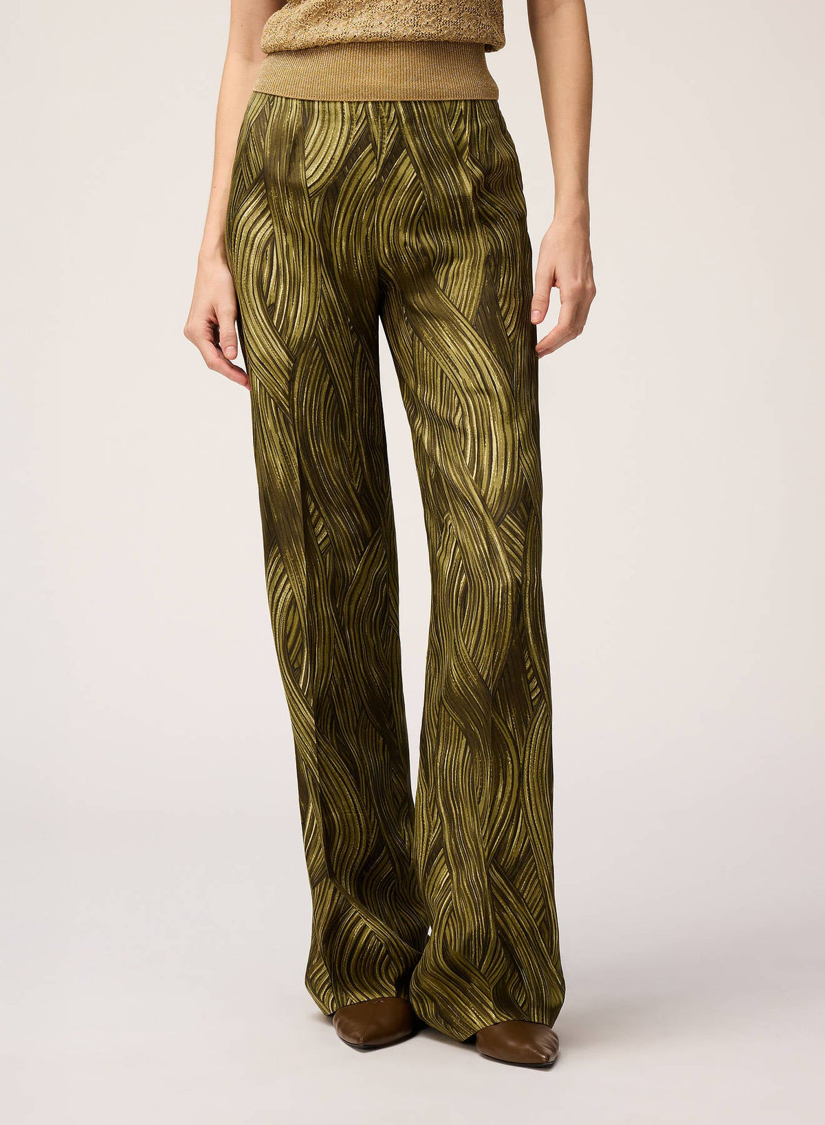 OLIVE GREEN PRINTED SILK PANTS