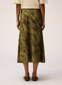 OLIVE GREEN PRINTED SILK MIDI SKIRT