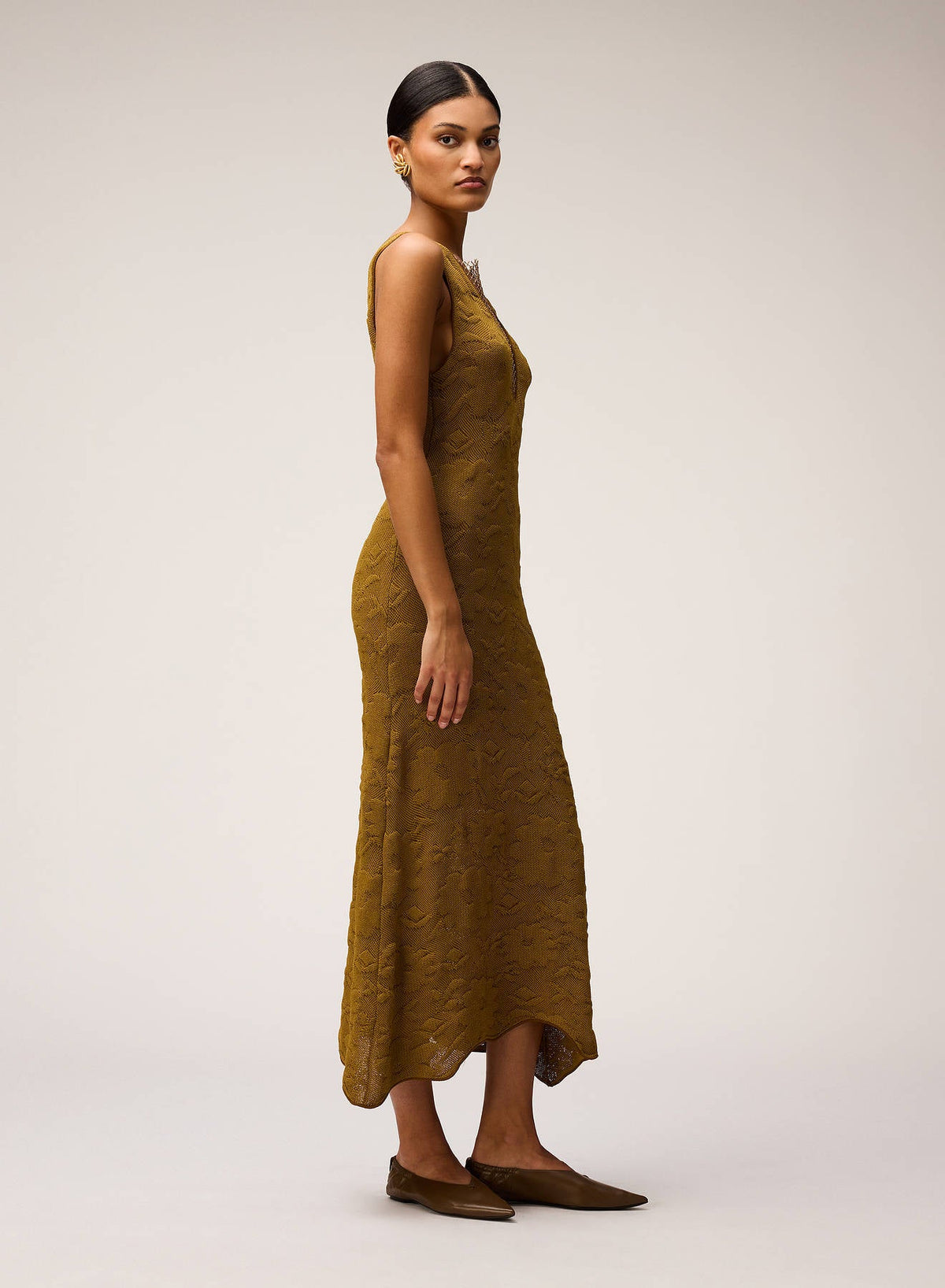 CAMEL JACQUARD KNIT DRESS WITH NET DETAIL
