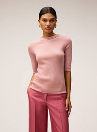 PINK ROSE LIGHT CASHMERE RIBBED KNIT T-SHIRT WITH CROCHET DETAIL