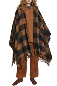 Poncho à carreaux en laine et cachemire - Black & Toffee