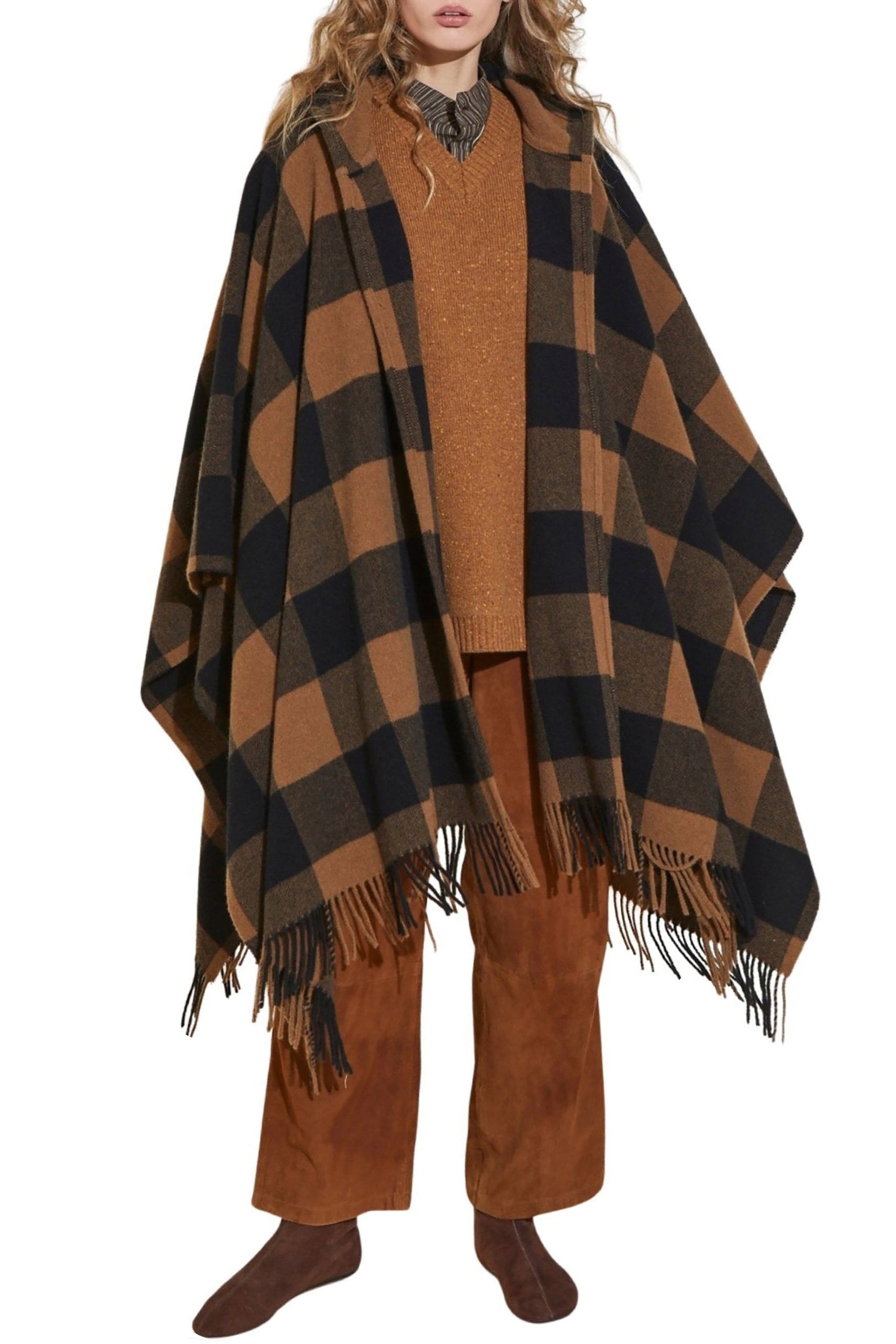 Poncho à carreaux en laine et cachemire - Black & Toffee