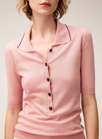 PINK ROSE JERSEY STITCH KNIT POLO WITH CONTRASTING STRIPE DETAIL