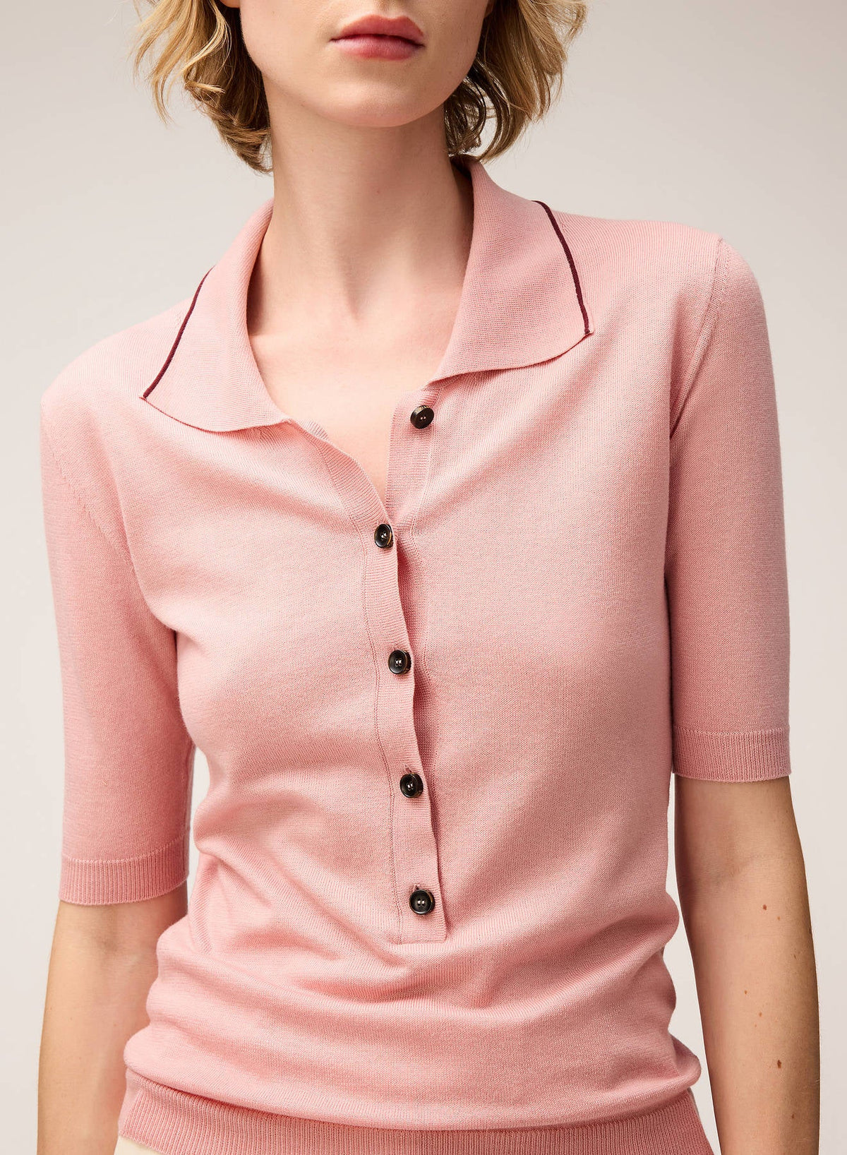 PINK ROSE JERSEY STITCH KNIT POLO WITH CONTRASTING STRIPE DETAIL