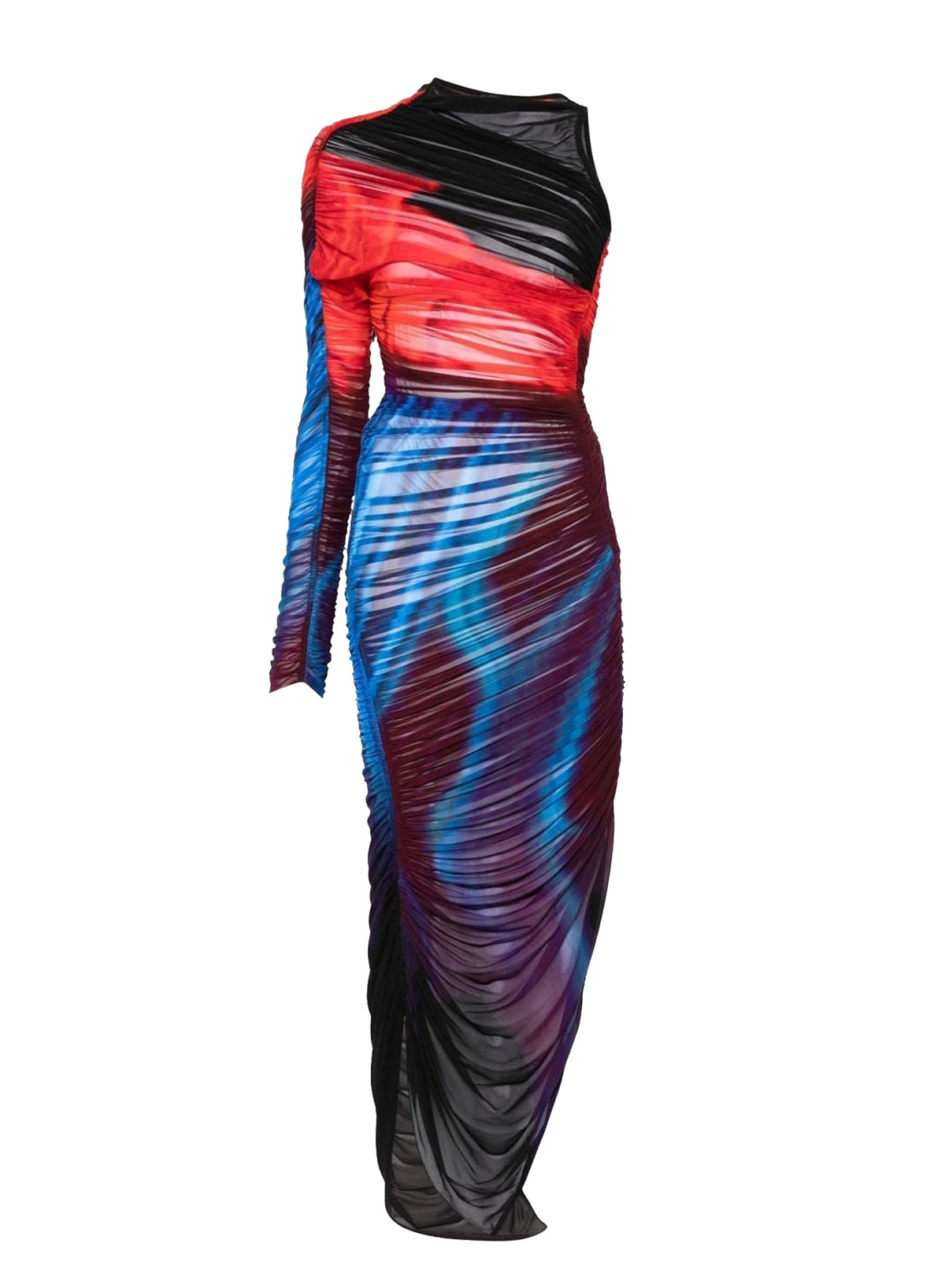 Asymmetrical gathered printed dress - Blue & Red Flowers print
