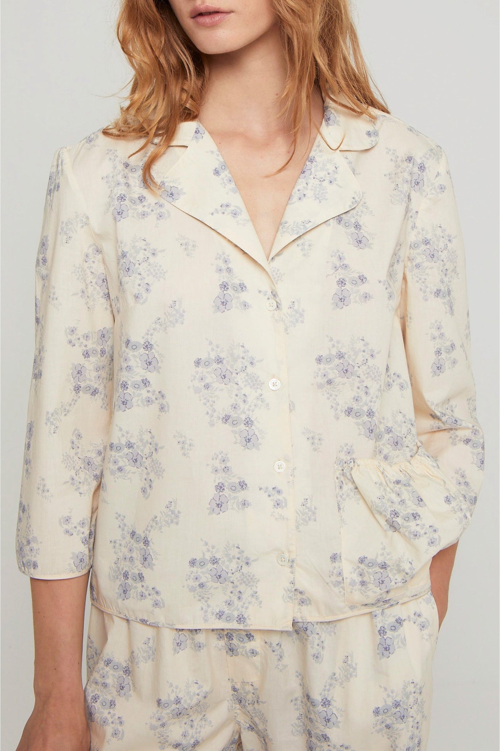 Blouse Mirliton fleurie à manches 3/4 - Blue