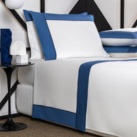 4-pc Linear cotton bed linen set - milk & nautical blue