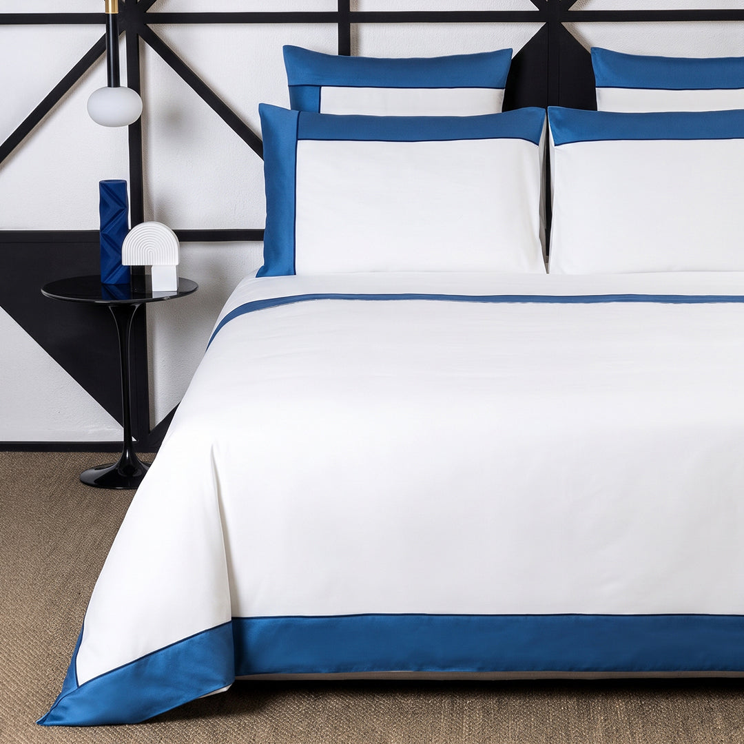 Linear 4-piece cotton duvet cover set - Milk & Nautical Blue