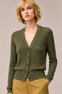 DARK GREEN LUREX JACQUARD KNIT CARDIGAN