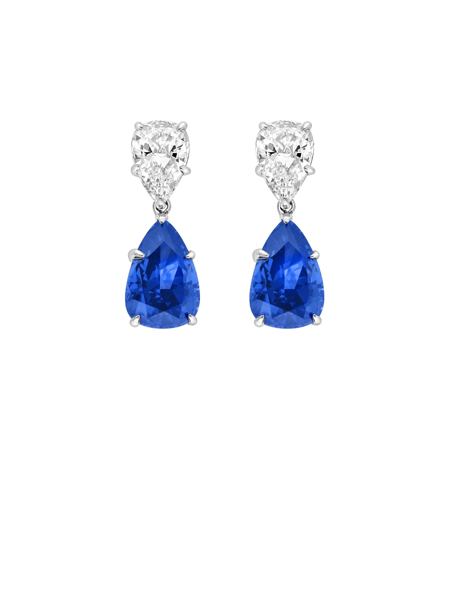 5qty NEW / Argent Rhodié Boucles d'oreilles Burmalite taille poire blanche et bleu saphir sur argent rhodié // RECO : 480€