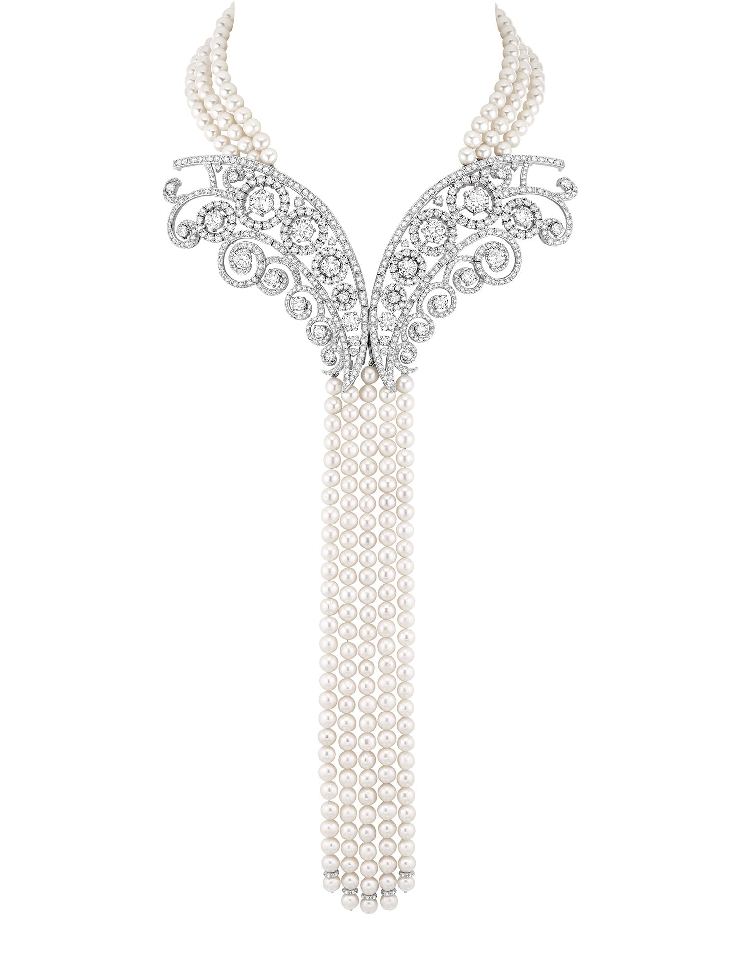 4qty DJV / QTY DISPO : 4-QTY VENDUES : 0-ST : 0% PRIX DJV : 1890€ // Argent Rhodié Collier en argent rhodié collection 90 ans serti de Burmalite™ blanche taille brillant et perle d'eau douce sur 40 cm de long /// RECO : 1836€