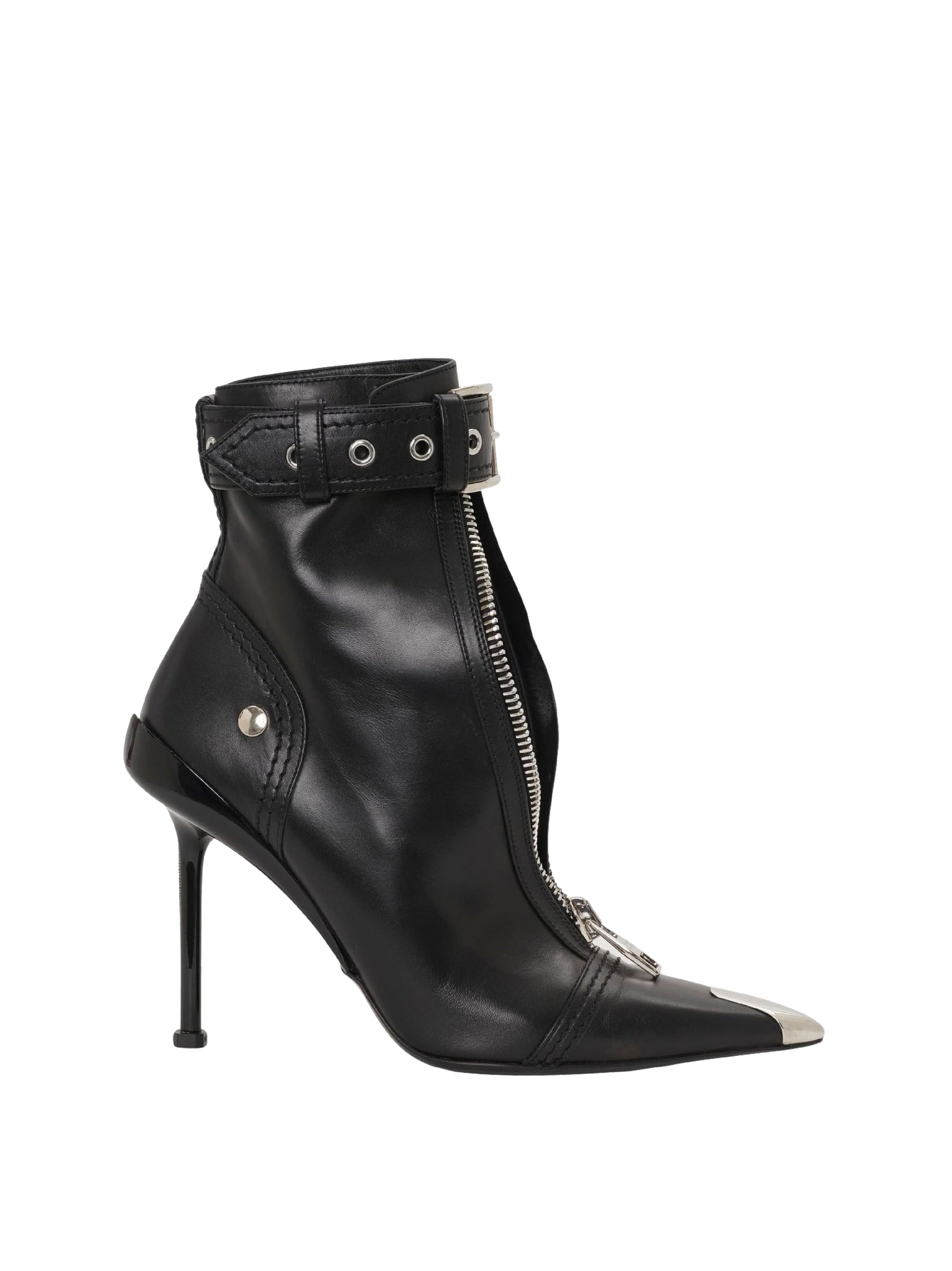 Bottines à talons avec sangle 95 en cuir - Black & Silver