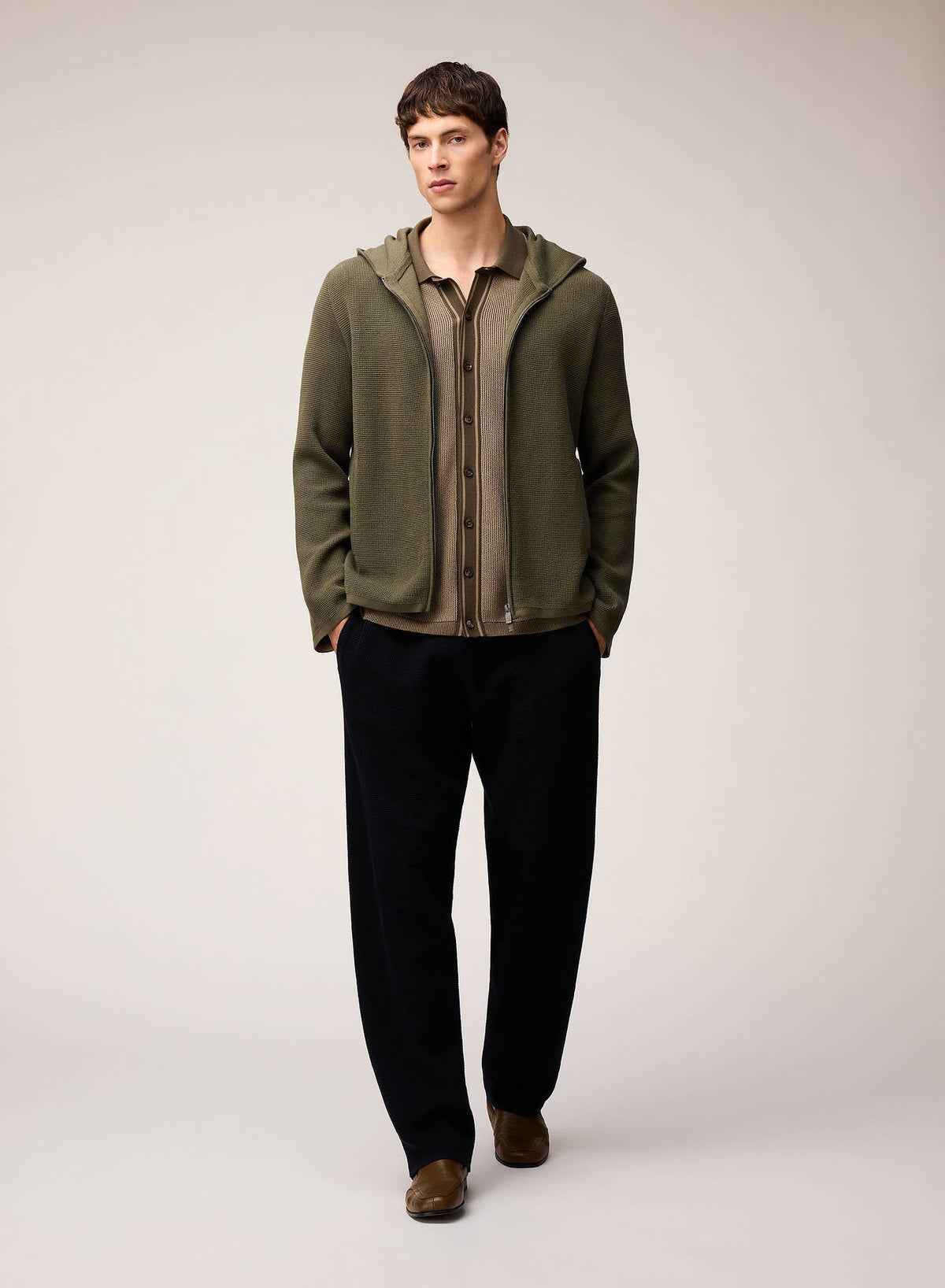 SAND AND OLIVE GREEN VANIS? KNIT SHORT SLEEVES SHIRT