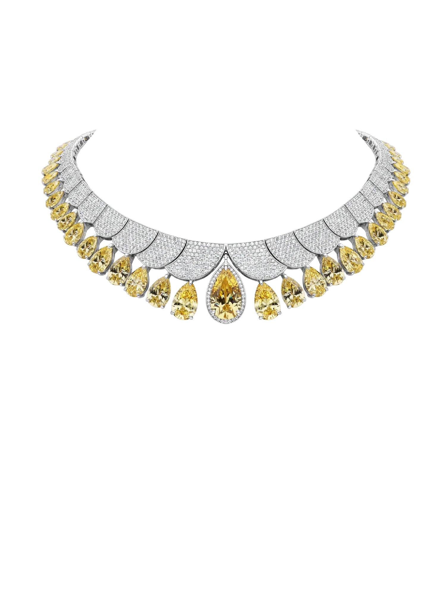 4qty NEW / Argent Rhodié Collier Opéra en argent rhodié serti de Burmalite™ jonquille et de Burmalite™ blanche taille poire dégradé et pavage // RECO : 2275€