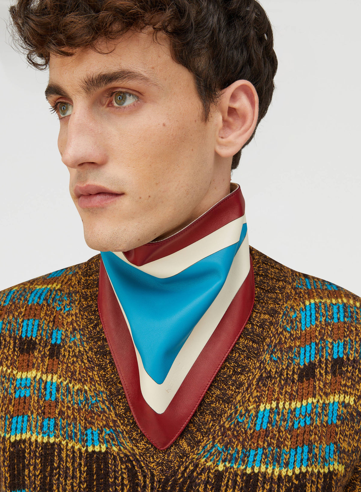 CHOCOLATE AND TURQUOISE JACQUARD WEAVED VNECK VEST