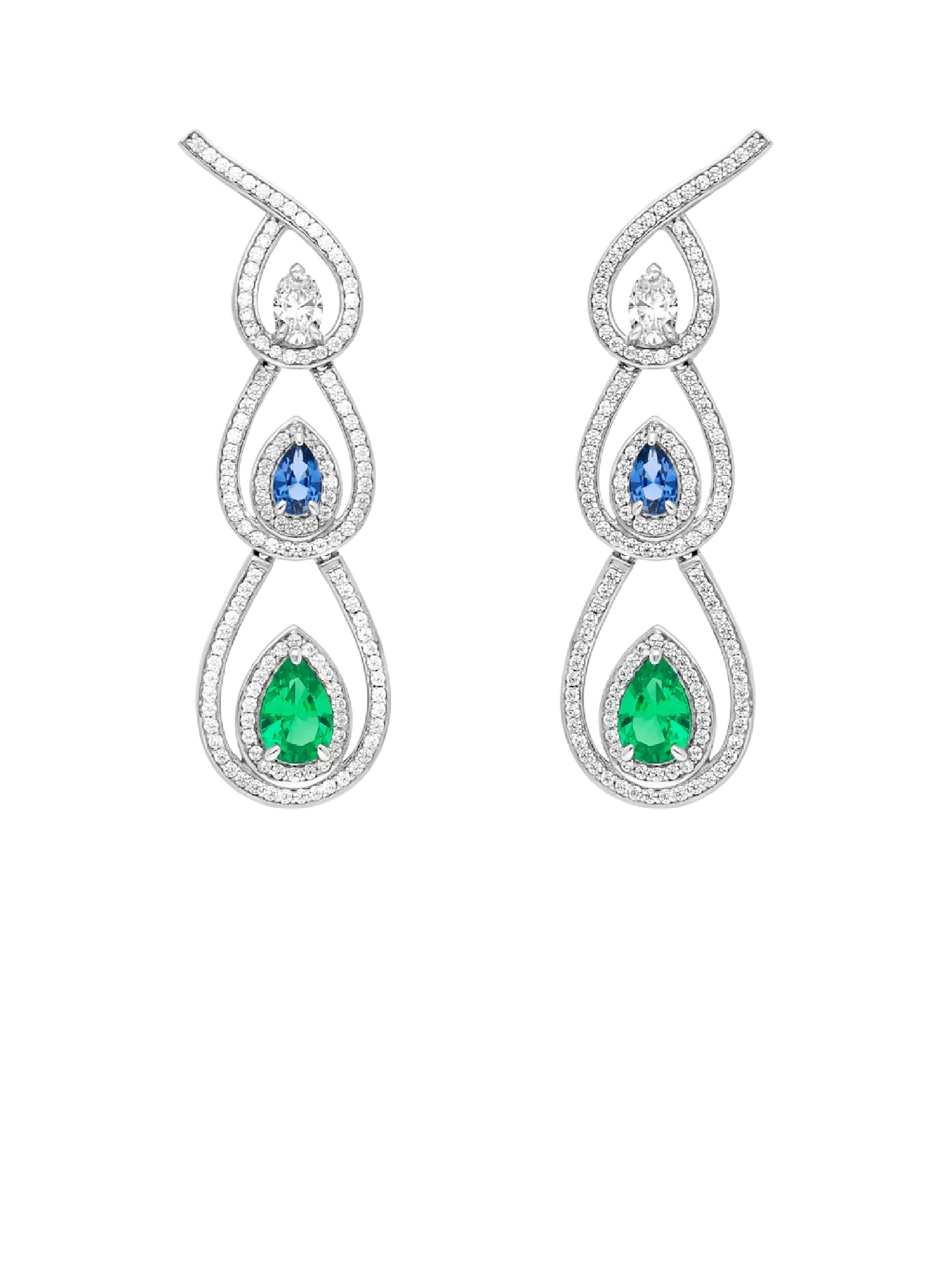 5qty NEW / Argent Rhodié Boucles d'oreilles en argent rhodié serties de Burmalite™ tsavorite et bleu paon taille poire // RECO : 675€