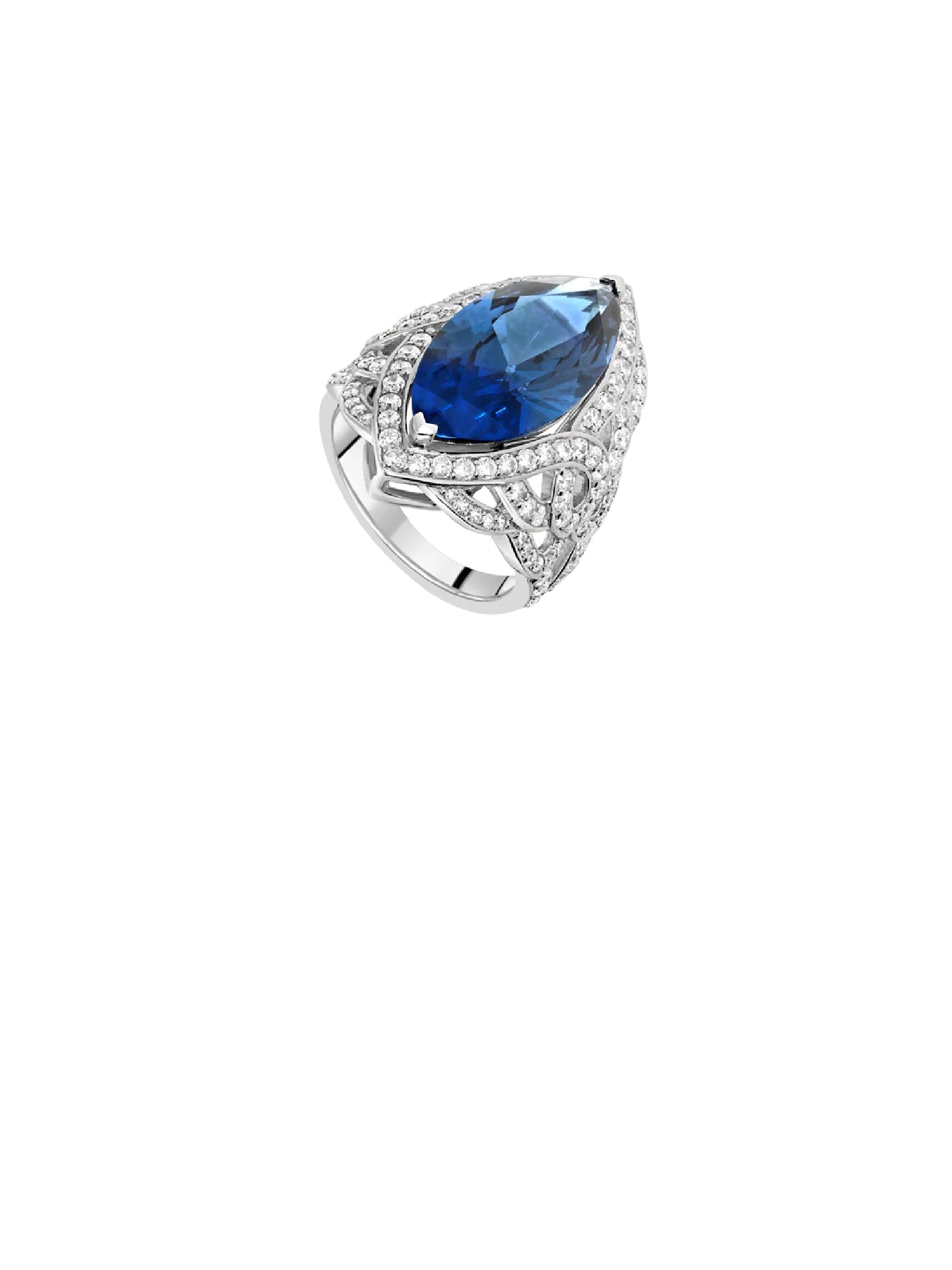 6qty NEW / Argent Rhodié Bague en argent rhodié sertie de Burmalite™ taille marquise bleu paon // RECO : 855€