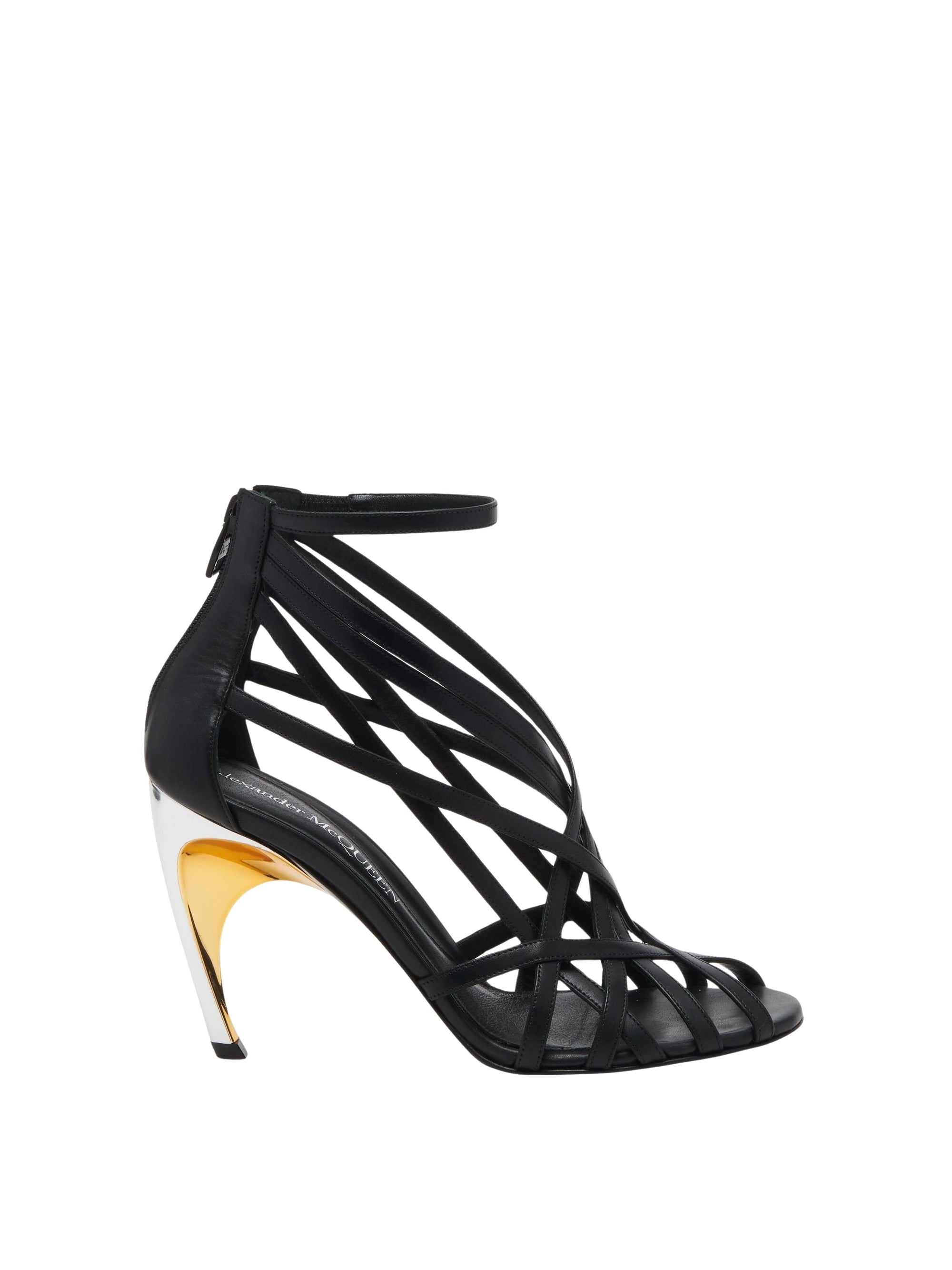 Sandales à talons avec bride 95 en cuir - Black Silver Gold