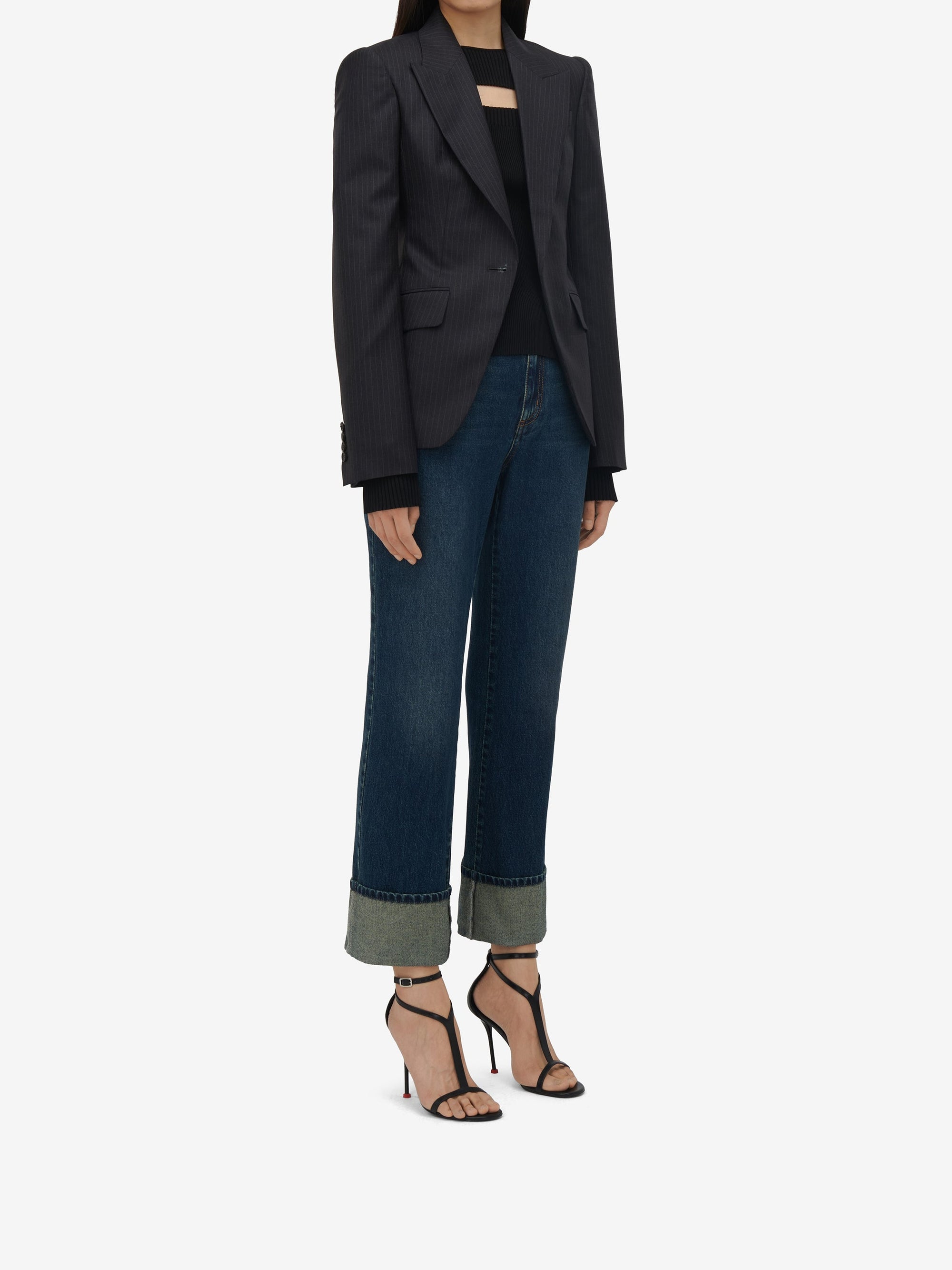 Blazer à boutonnage simple avec rayures en laine - Grey
