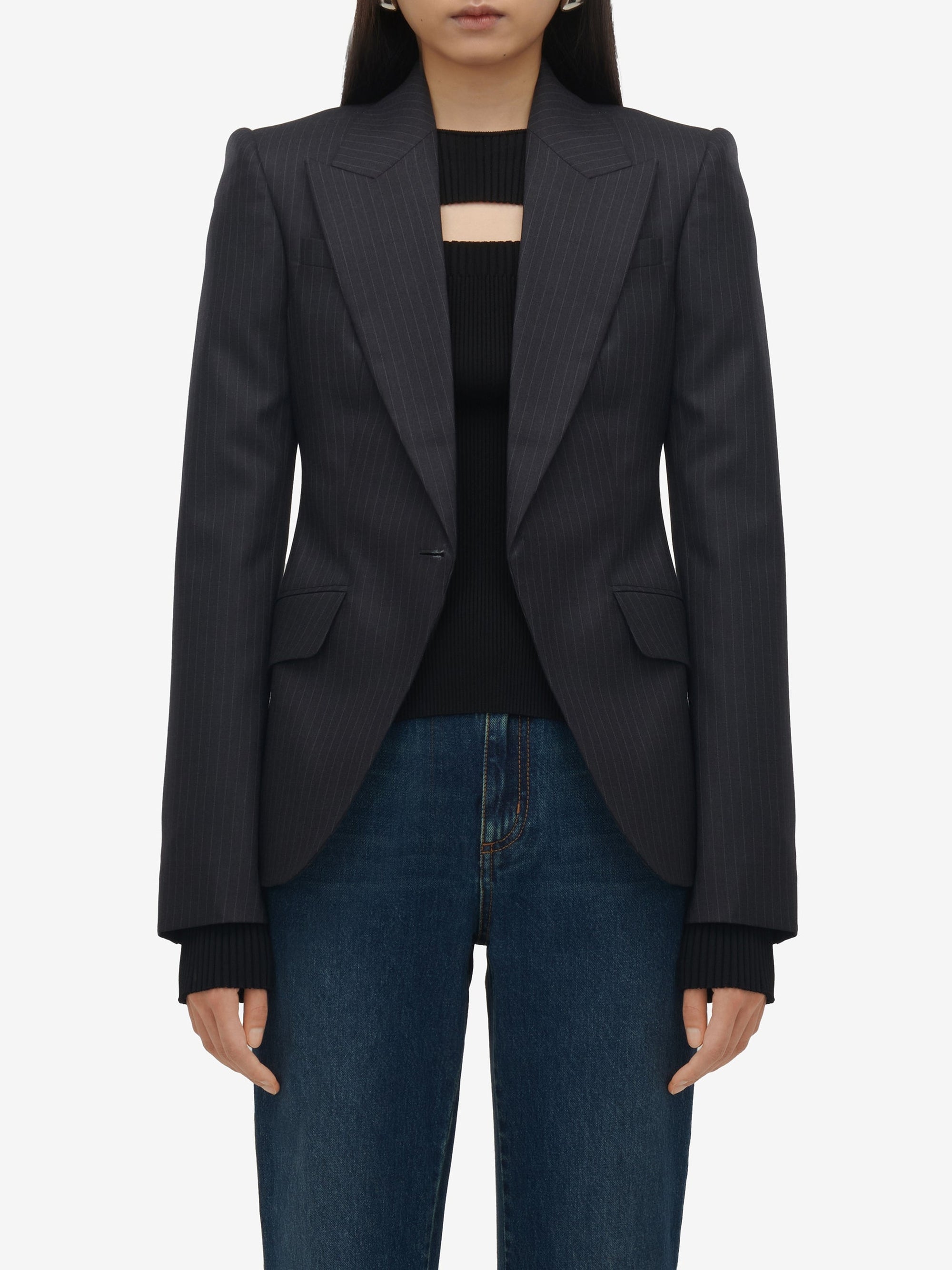 Blazer à boutonnage simple avec rayures en laine - Grey