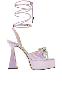 Double Bow 140 platform sandals in leather & rhinestone - Pink Iridescent