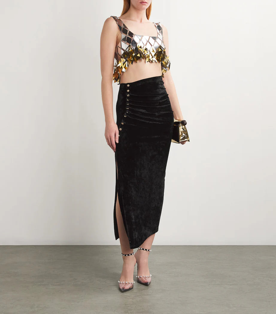 BLACK LONG DRAPED SKIRT IN VELVET