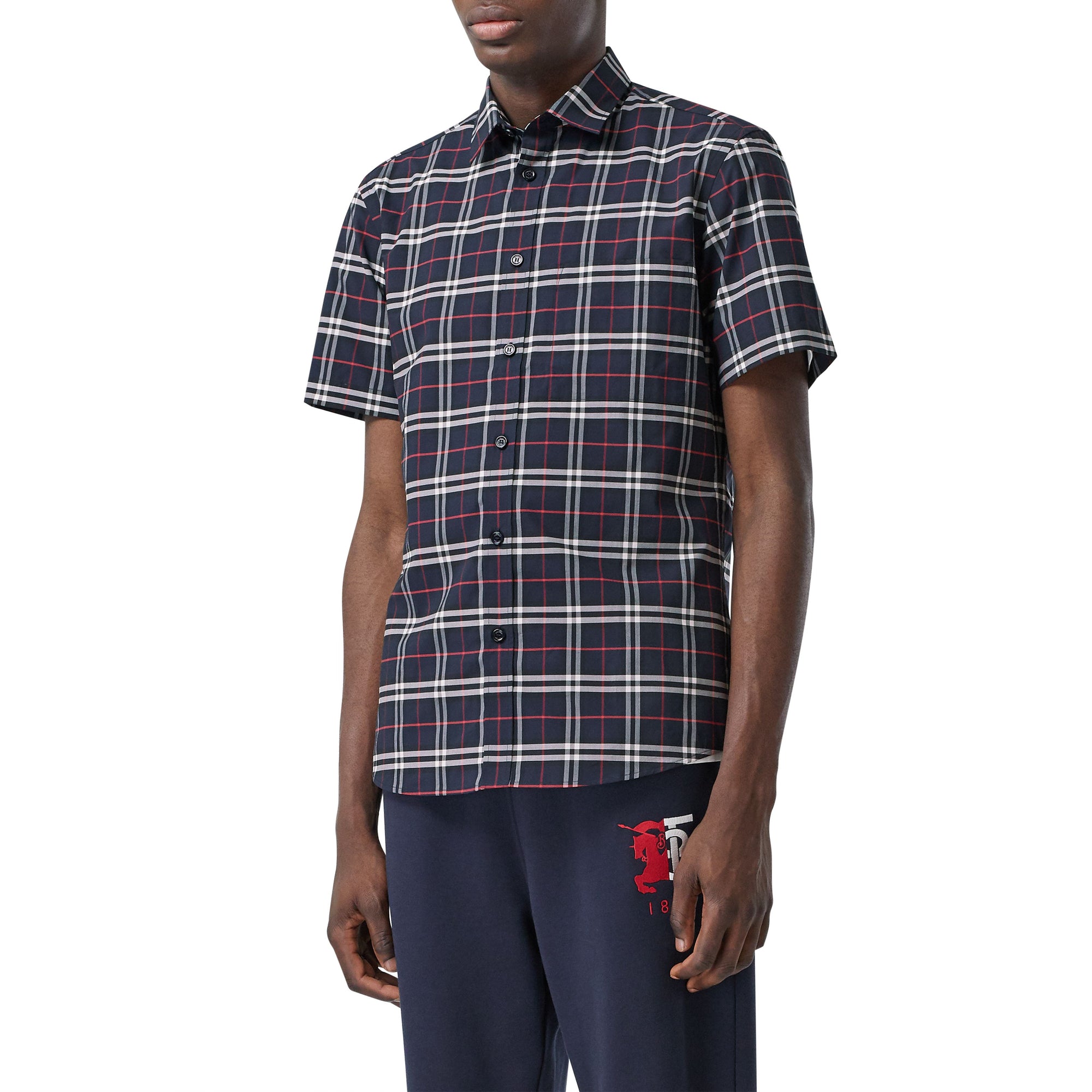 1 qty Chemise à manches courtes en coton stretch - Navy Check