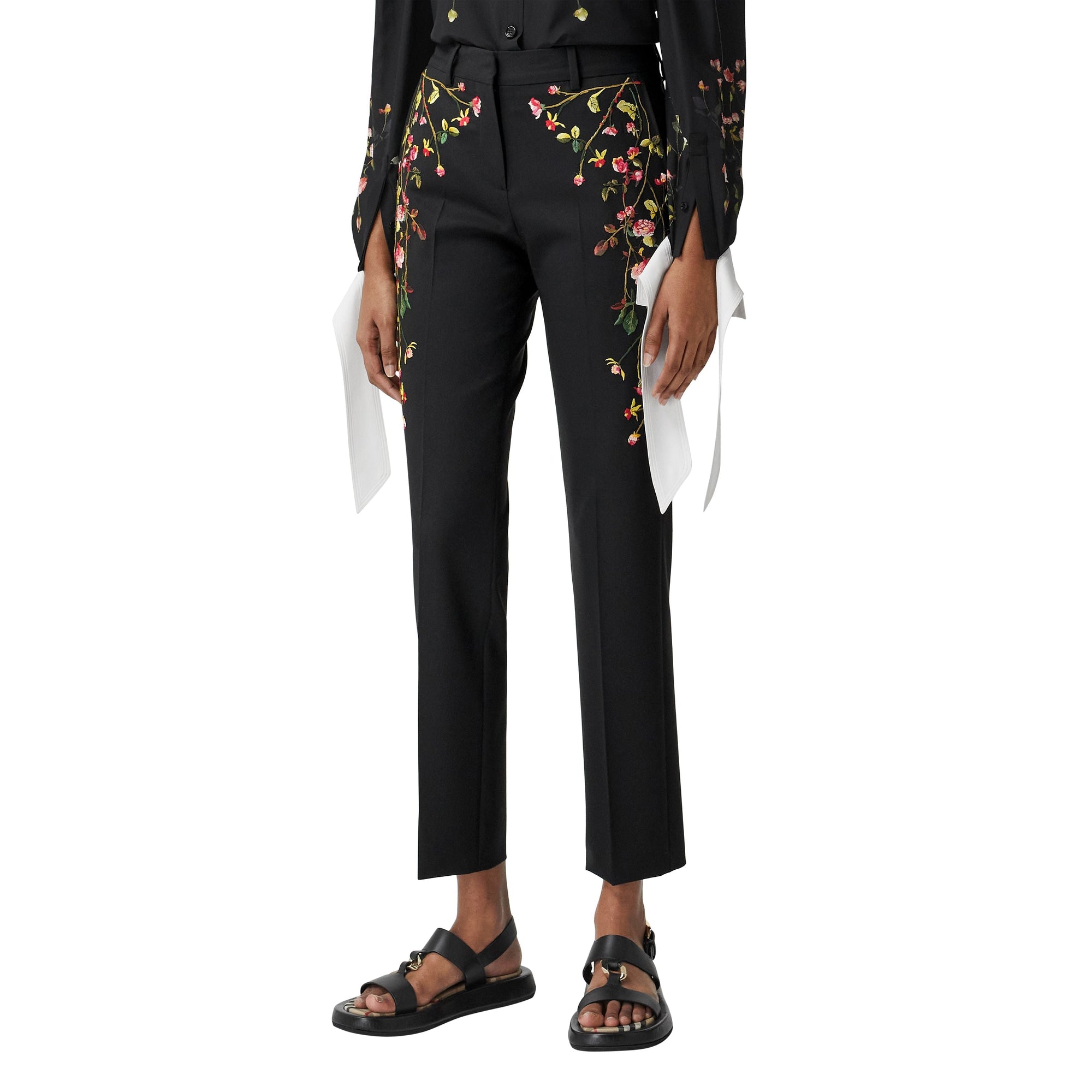 1 qty Pantalon tailleur en laine et roses brodées - Black